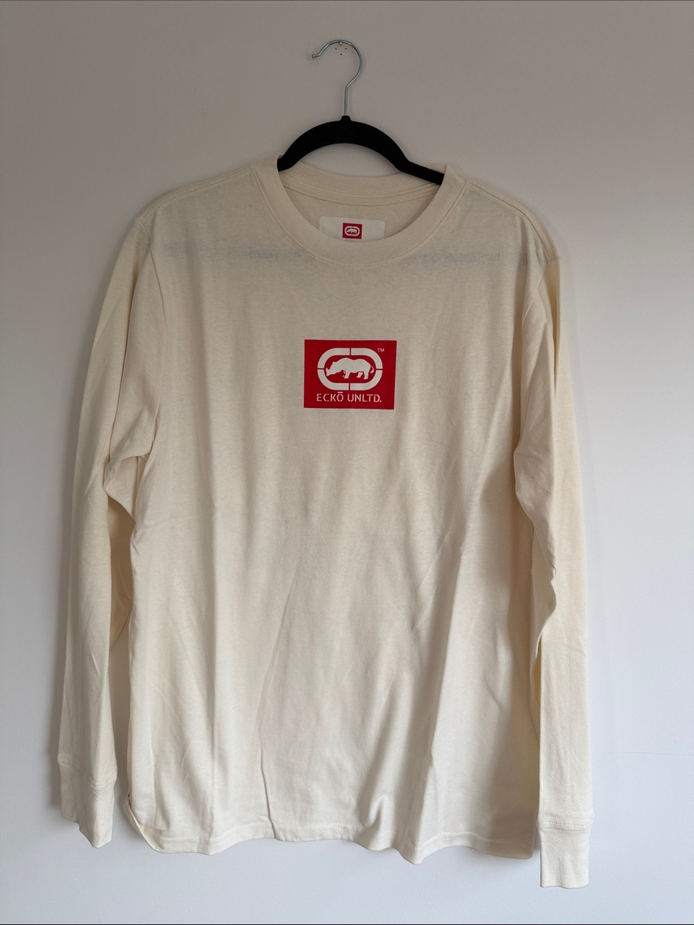Ecko Unlimited Cream Long Sleeve Shirt with Red Logo Patch The World Famous